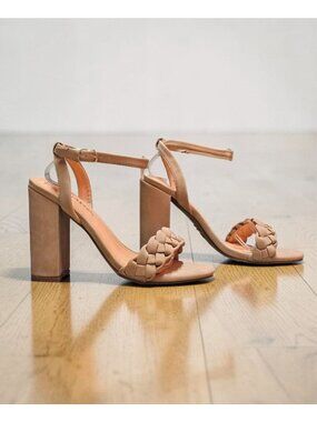 Braided Strap Block Heel Sandals With Adjustable Ankle Strap In Beige
